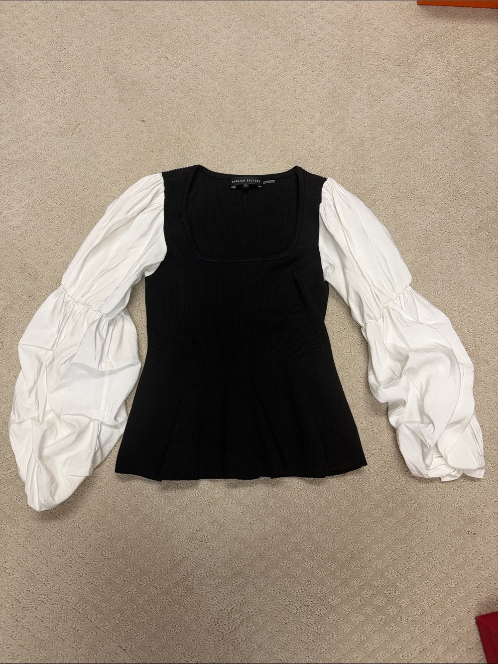 English Factory Black Ribbed Bodice Top with White Balloon Sleeves